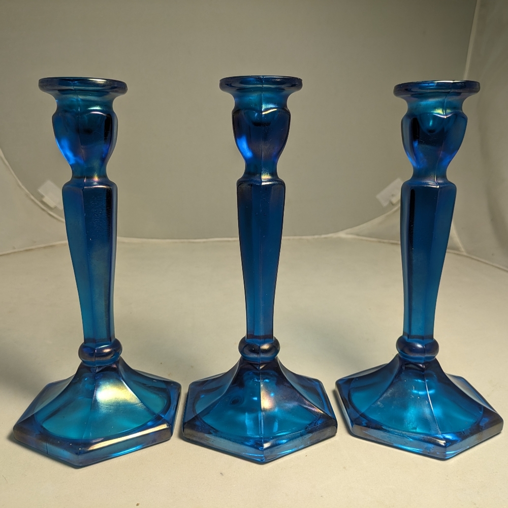 Northwood Colonial Celeste Blue Stretch Candleholders. Iridescent.